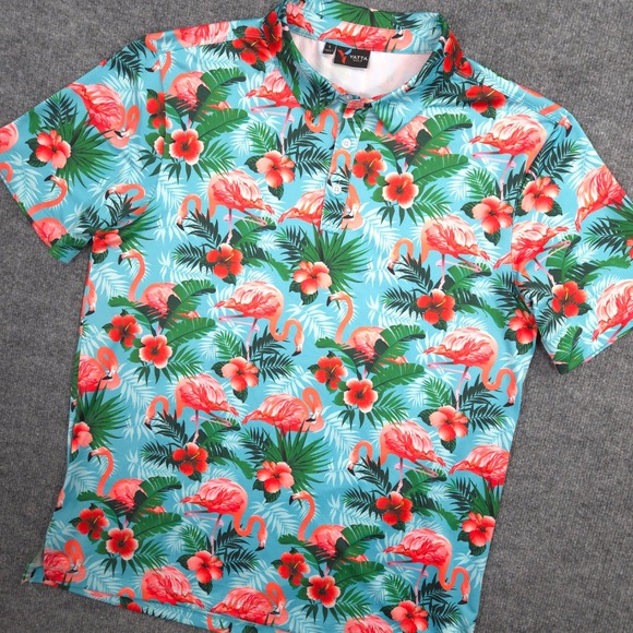 Yatta Golf Polo Shirt Mens L Blue Hawaiian Flamingo Bird AOP Aloha Performance - Picture 1 of 8